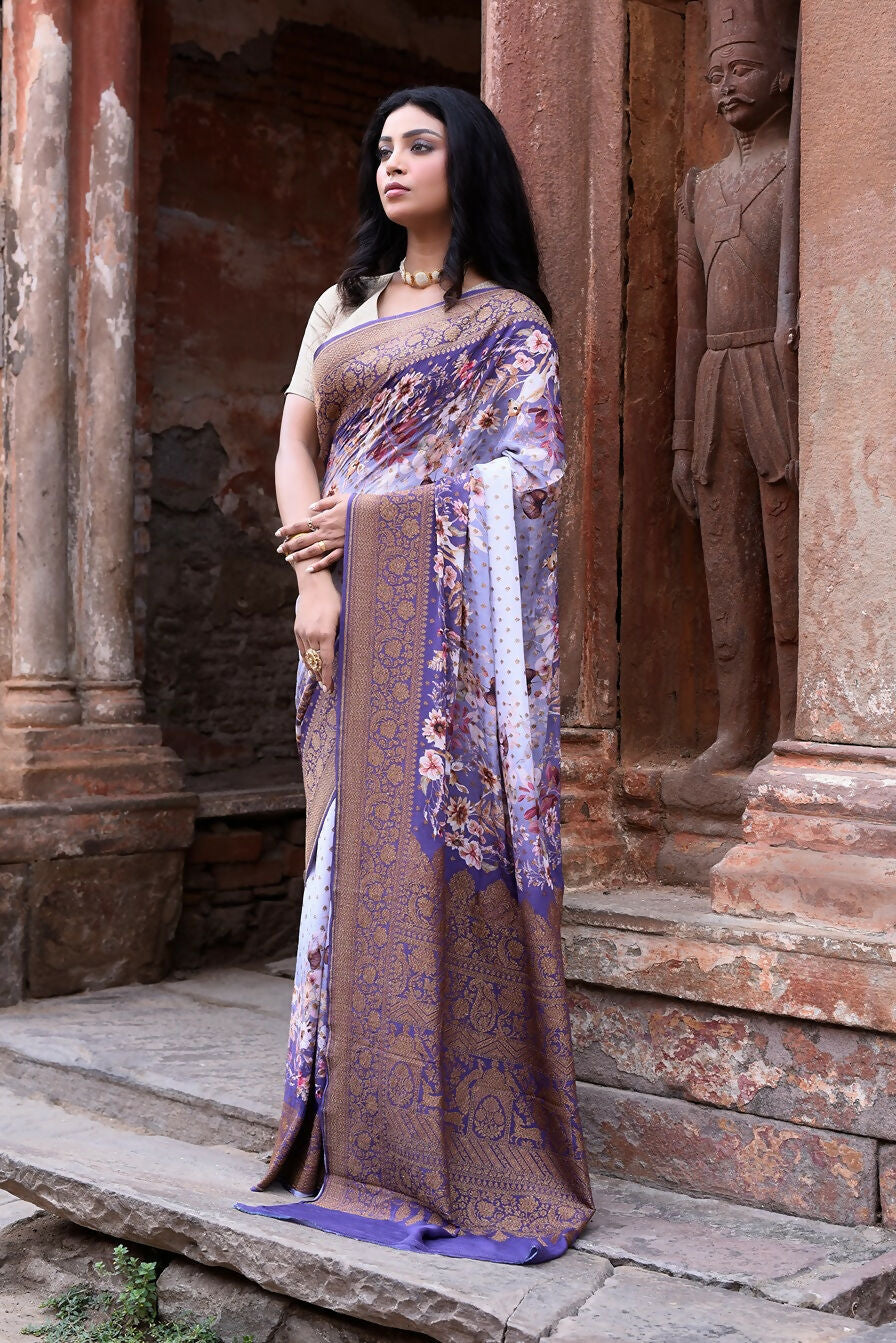 Joban Fashion Shade Of Orchid Crepe Chiffon Pure Handloom Banarasi Silk Saree | Grocsy