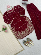 Vastranavya Maroon Viscose Velvet Intricate Thread & Sequence With Pearl Work Top Palazzo With Dupatta | Grocsy