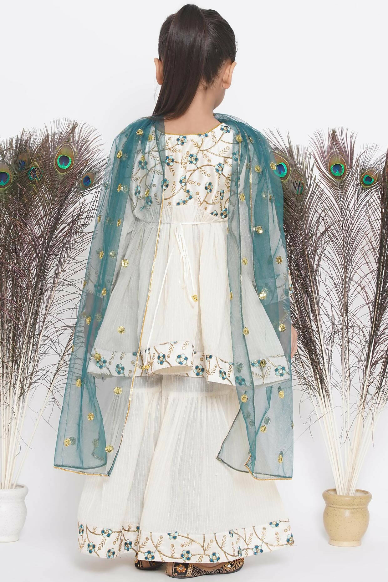 Little Bansi Blue Floral Embroidery Jacket with Cotton Kantha Frock Sharara and Dupatta with Ghungroo Handwork - Cream | Grocsy