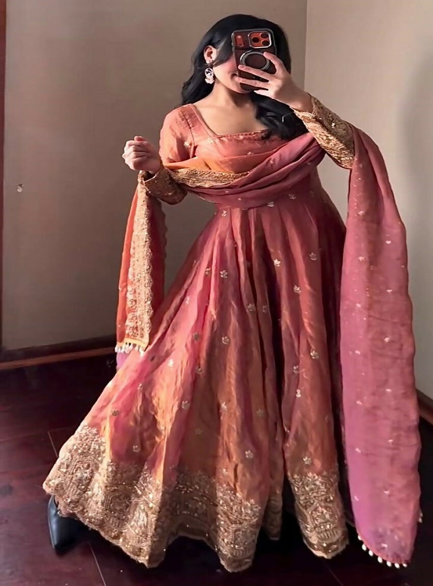 Teeya Creation Peach Festive Wear Heavy Border Anarkali Gown Suit | Grocsy