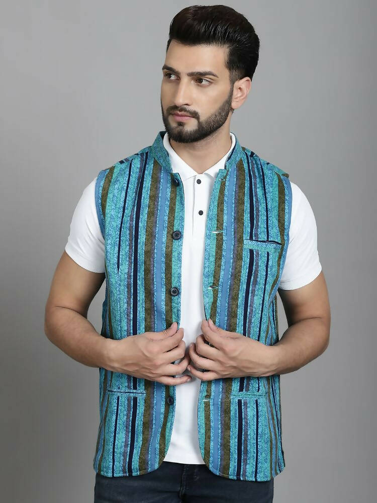 Even Apparels Nehru Jacket With Welt Pockets - Blue | Grocsy