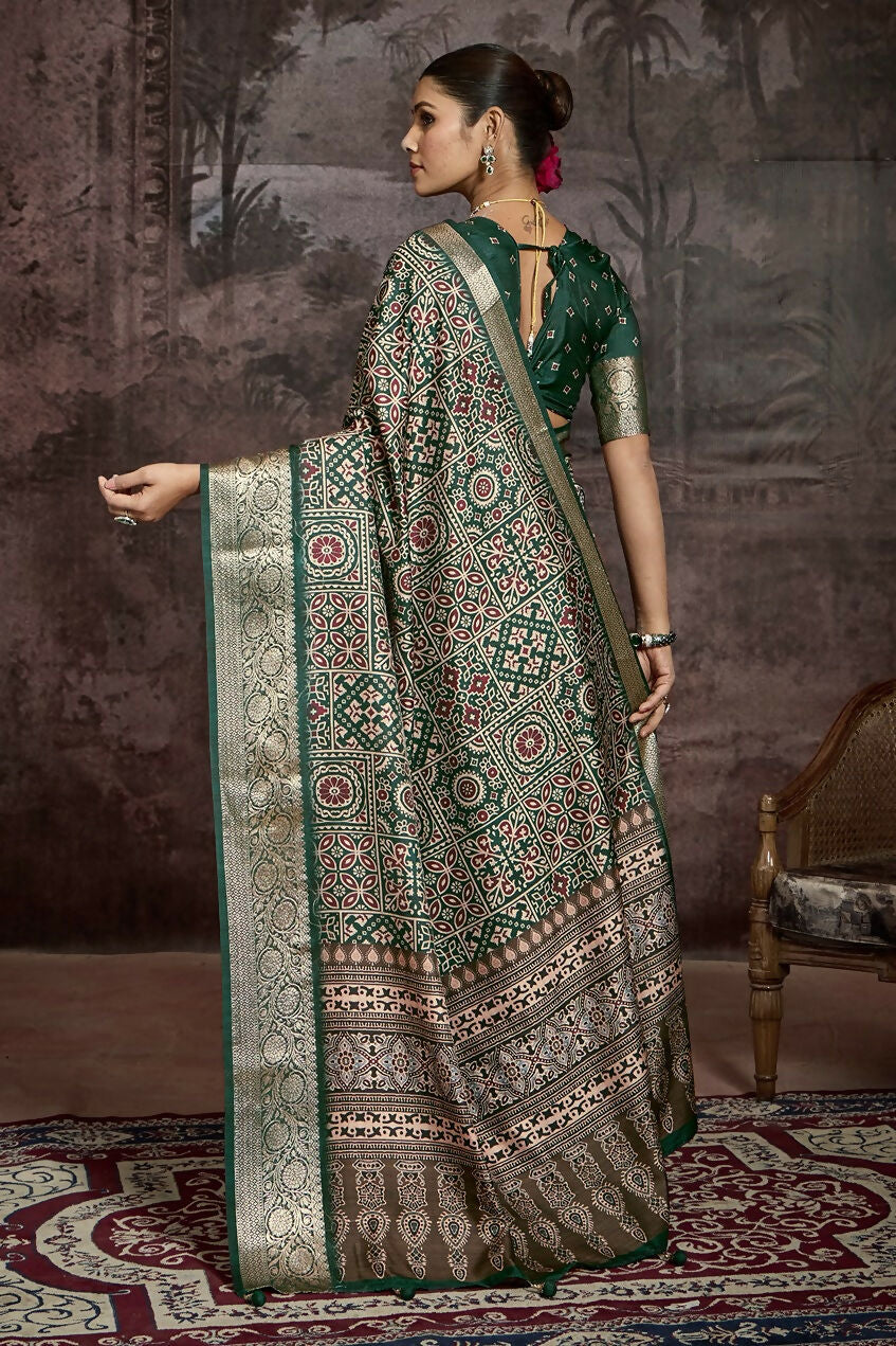 Joban Fashion Green Art Silk With Fine Viscose Border Ajrak Full Body Print With Soft Finish Saree | Grocsy