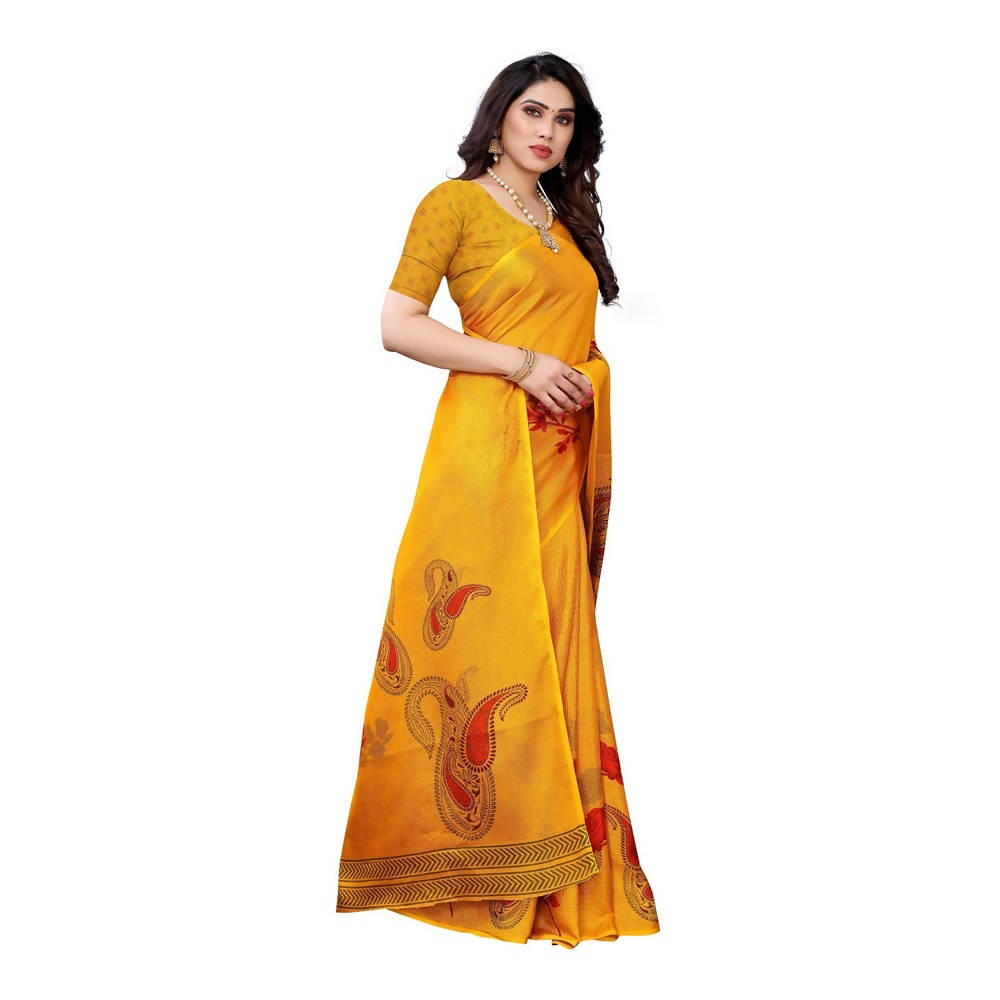 Vamika Printed Jute Silk Yellow Saree (Leo Yellow) | Grocsy