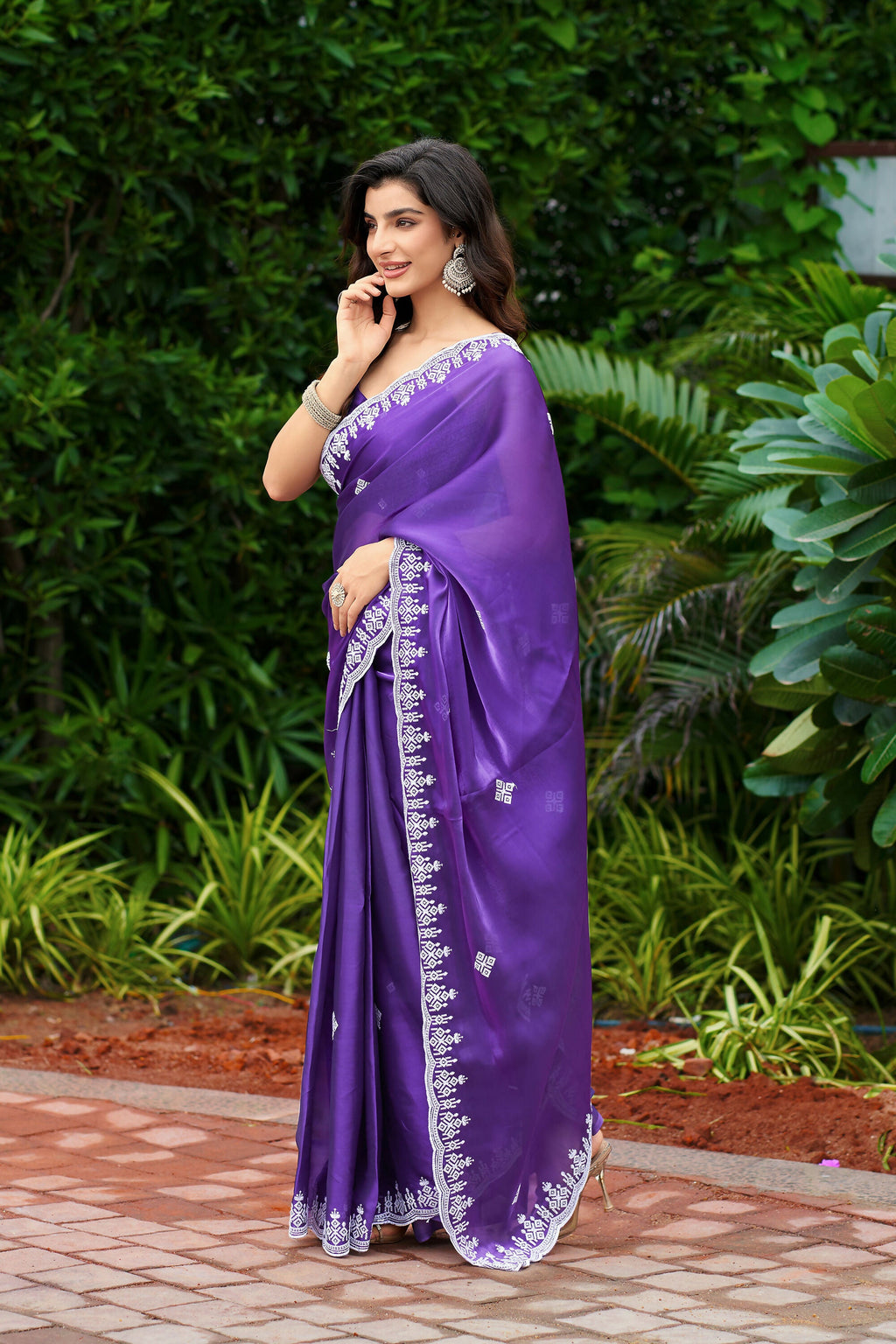 Vastranavya Purple-Blue Embroidery Work Shimmer Chiffon Saree with Unstitched Blouse | Grocsy