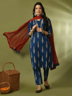 Myshka Women's Blue Printed Cotton Straight Party Kurta Set With Dupatta | Grocsy