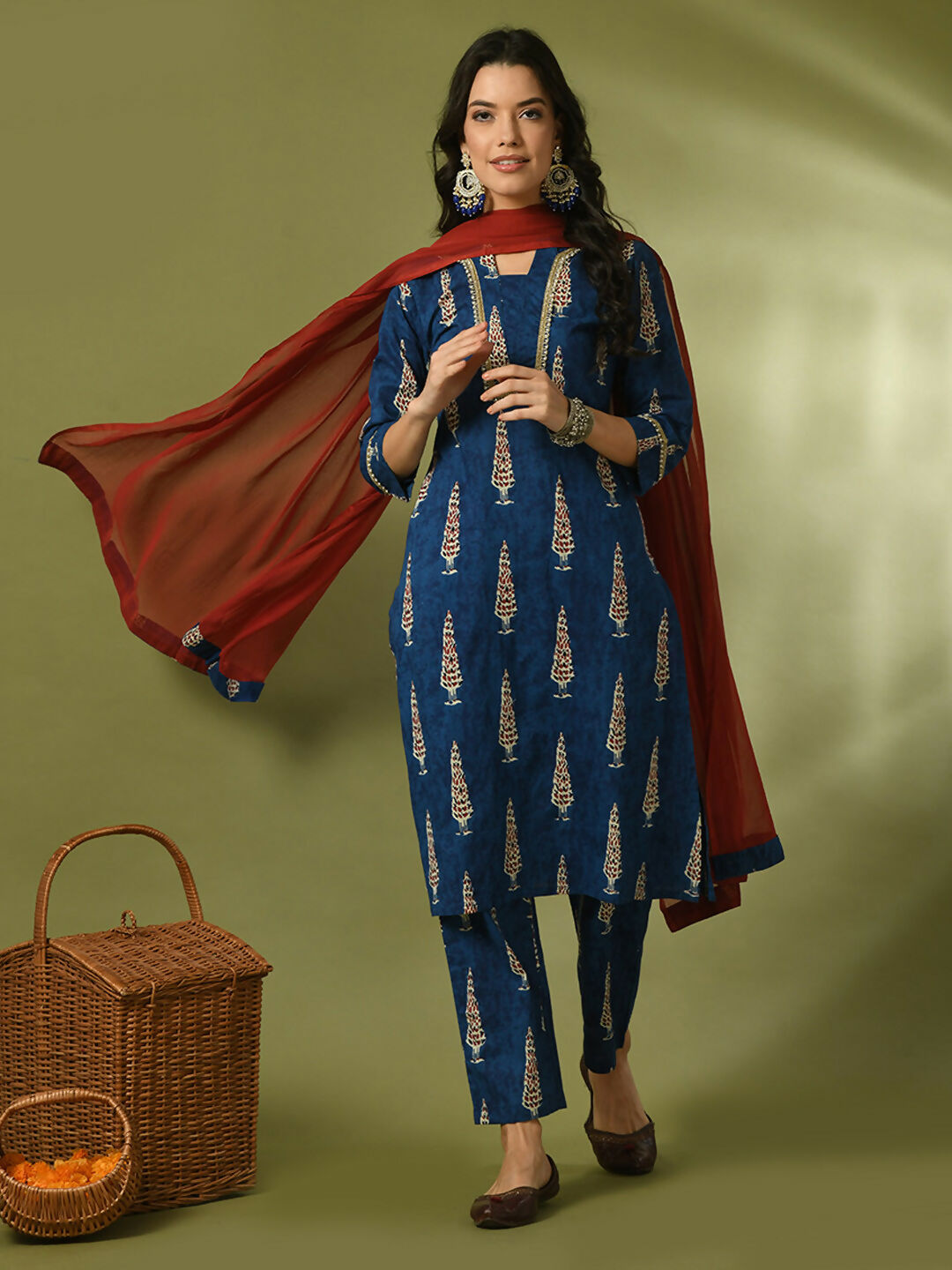 Myshka Women's Blue Printed Cotton Straight Party Kurta Set With Dupatta | Grocsy