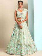 House of Panchhi Sea Green Net Sequins and Zarkan embroidery Lehenga choli & Dupatta | Grocsy