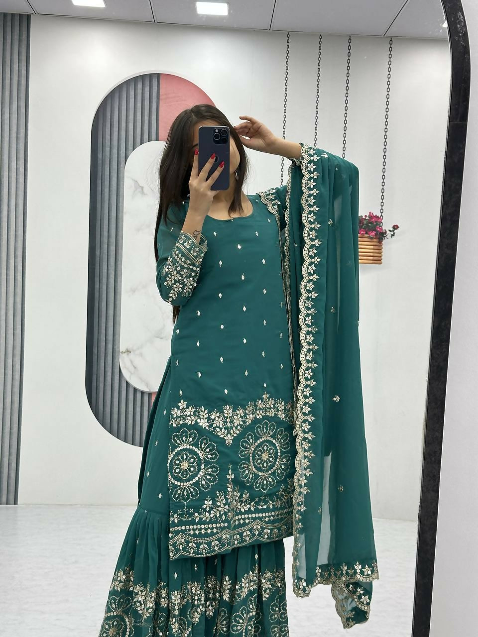 Teeya Creation Womens New Heavy Fox Georgette Fabric With Heavy Embroidery Work Light-Green Kurta Set | Grocsy