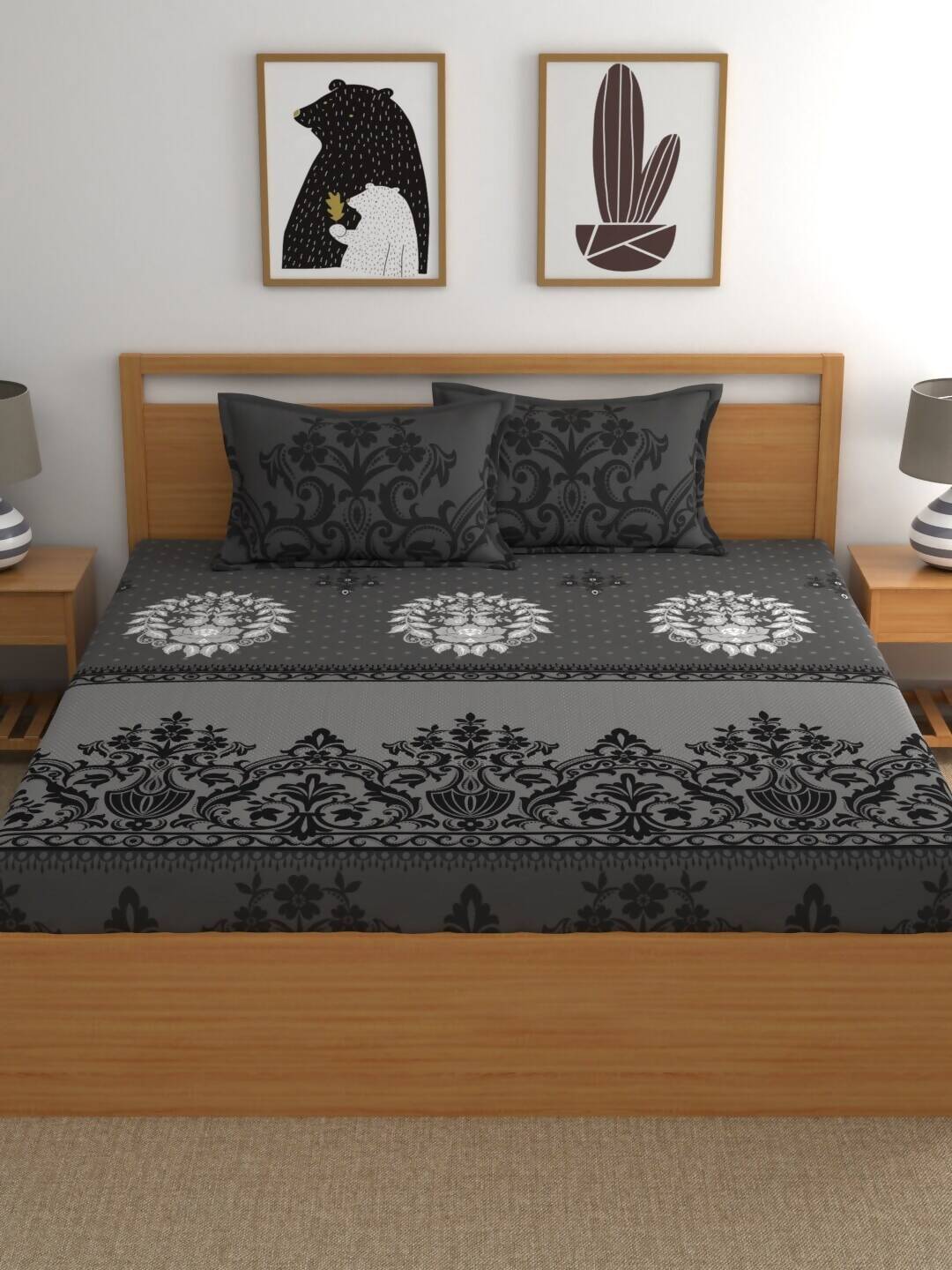 Dreamscape Grey & Black Ethnic Motifs 144 TC Bedsheet with Pillow Covers | Grocsy