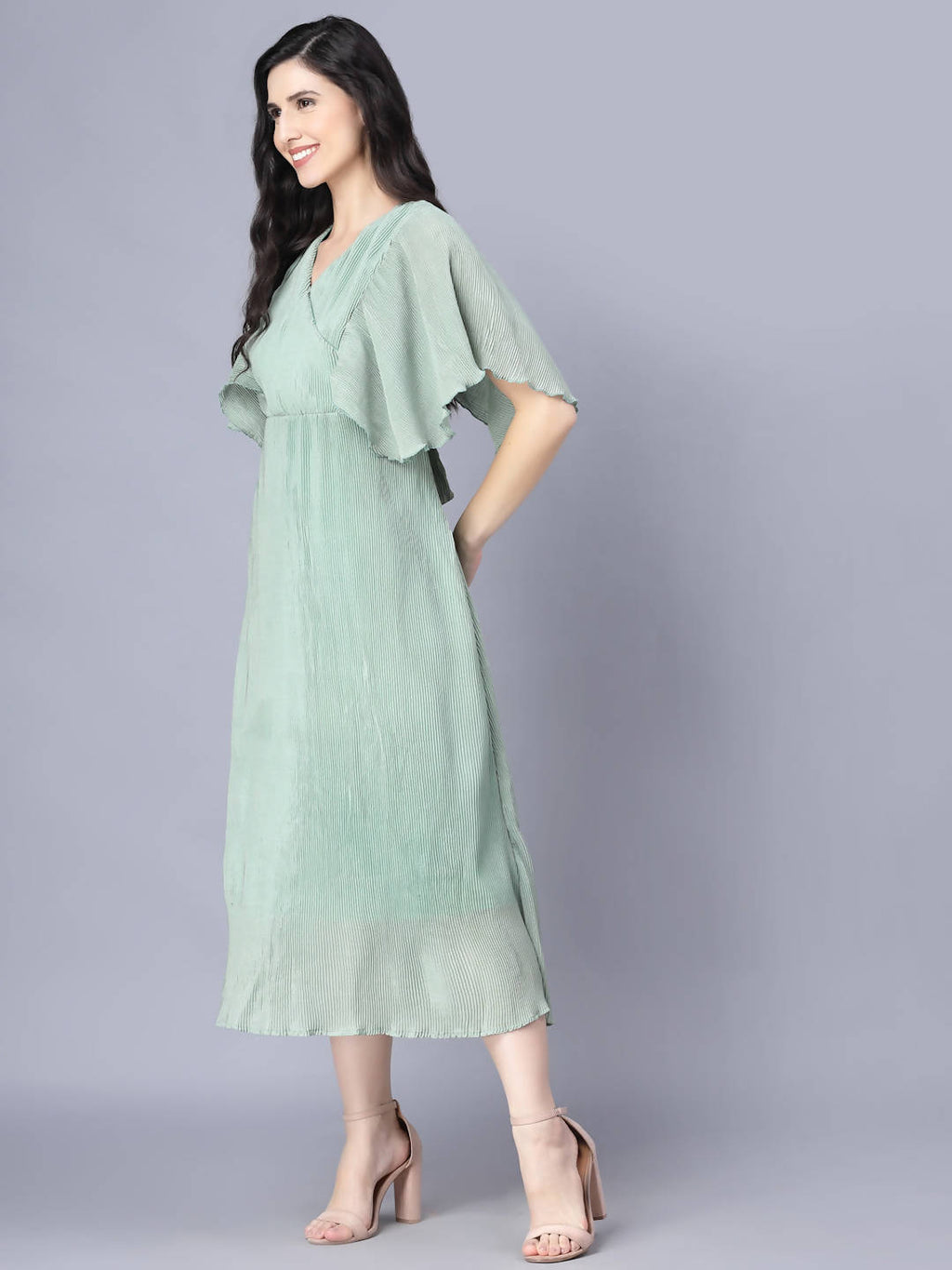 Myshka Chiffon Solid Short Sleeve V Neck Green Women Dress | Grocsy