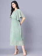 Myshka Chiffon Solid Short Sleeve V Neck Green Women Dress | Grocsy