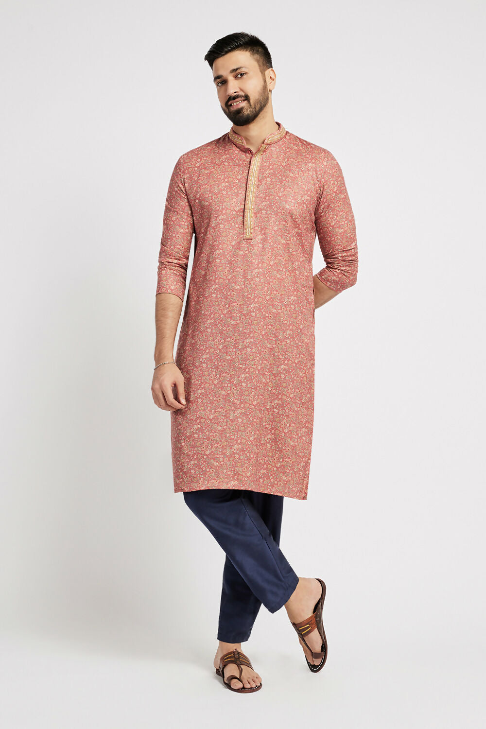 Ethnic India Pink Men's Kurta Floral Polyester | Grocsy