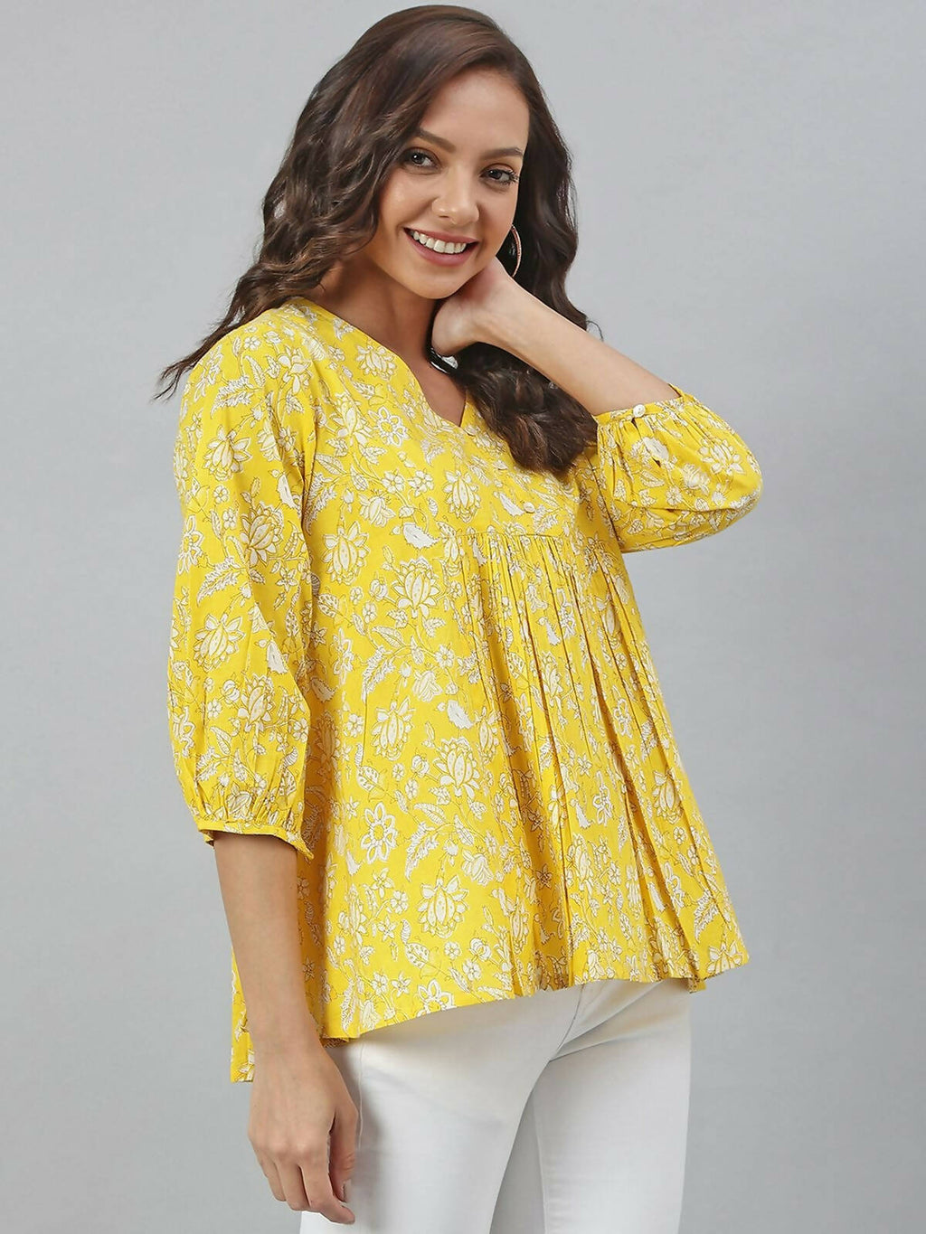 Janasya Women's Yellow Cotton Floral Print Flared Top | Grocsy