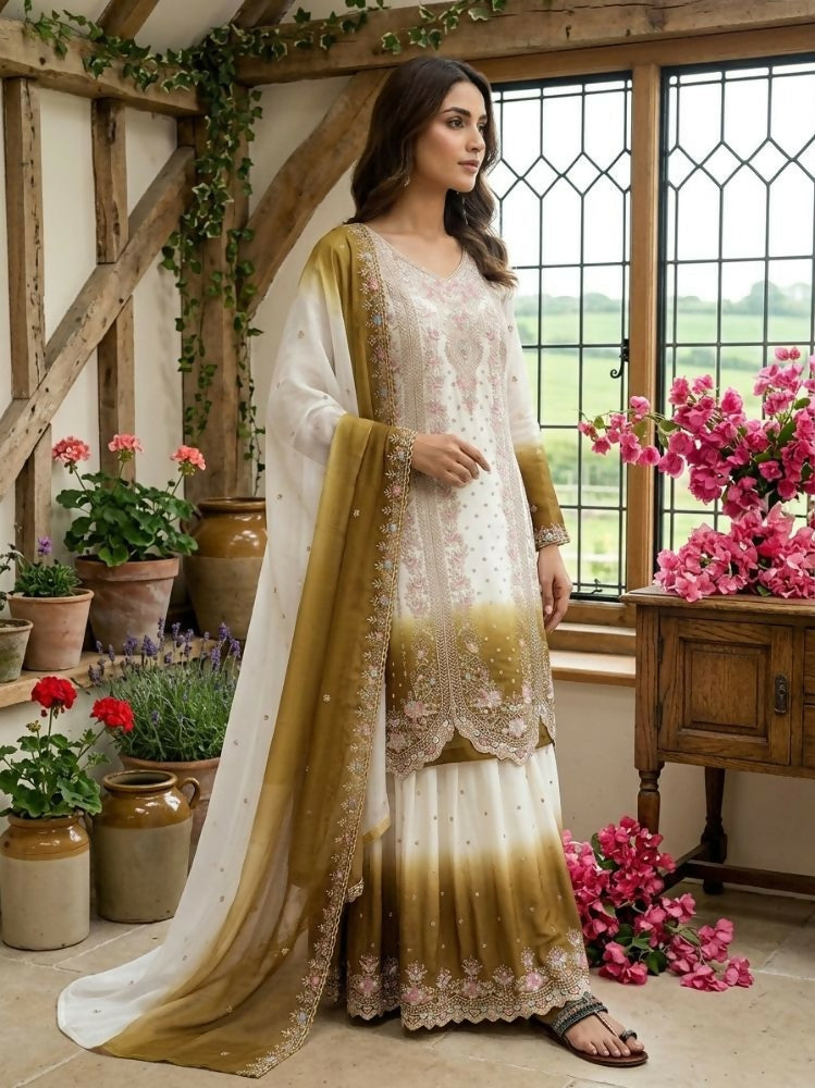 Teeya Creation New Trending Heavy Dual Tone Peding Star Georgette Mehendi Kurta Set | Grocsy