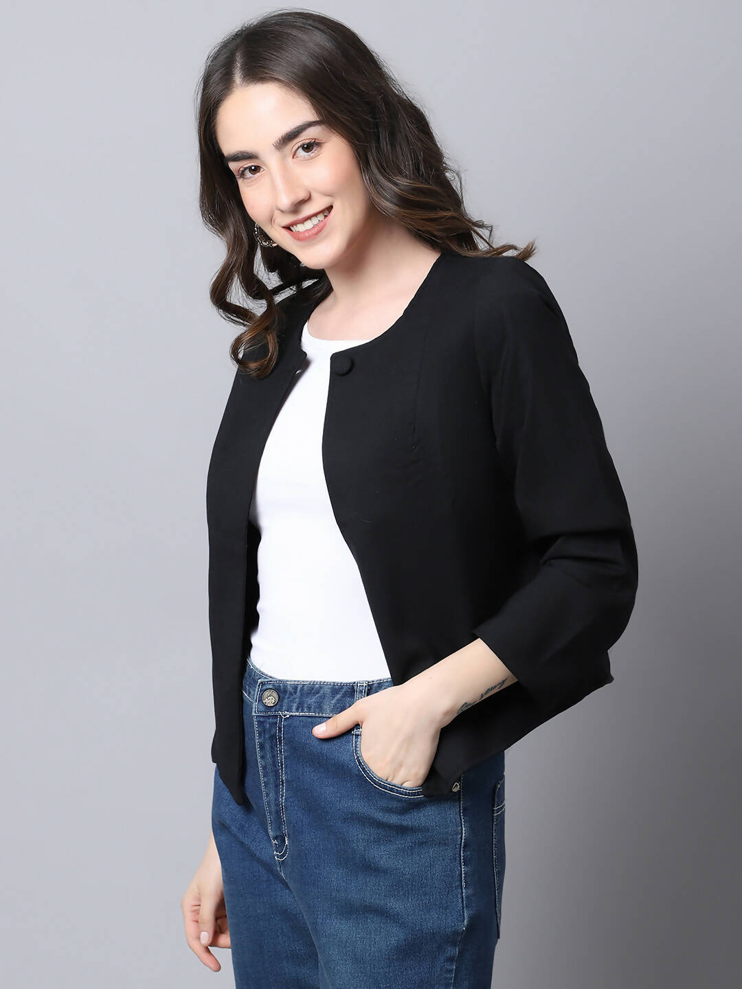 Even Apparels Black Linen Cotton Open Front Statement Women's Jacket | Grocsy