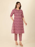 Aramya Pink Soft Cotton Floral Print A-line Kurta Set for Women | Grocsy