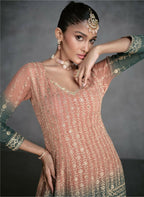 Vastranavya Peach Embroidered Sequins Pakistani Palazzo Suit Party Wear | Grocsy
