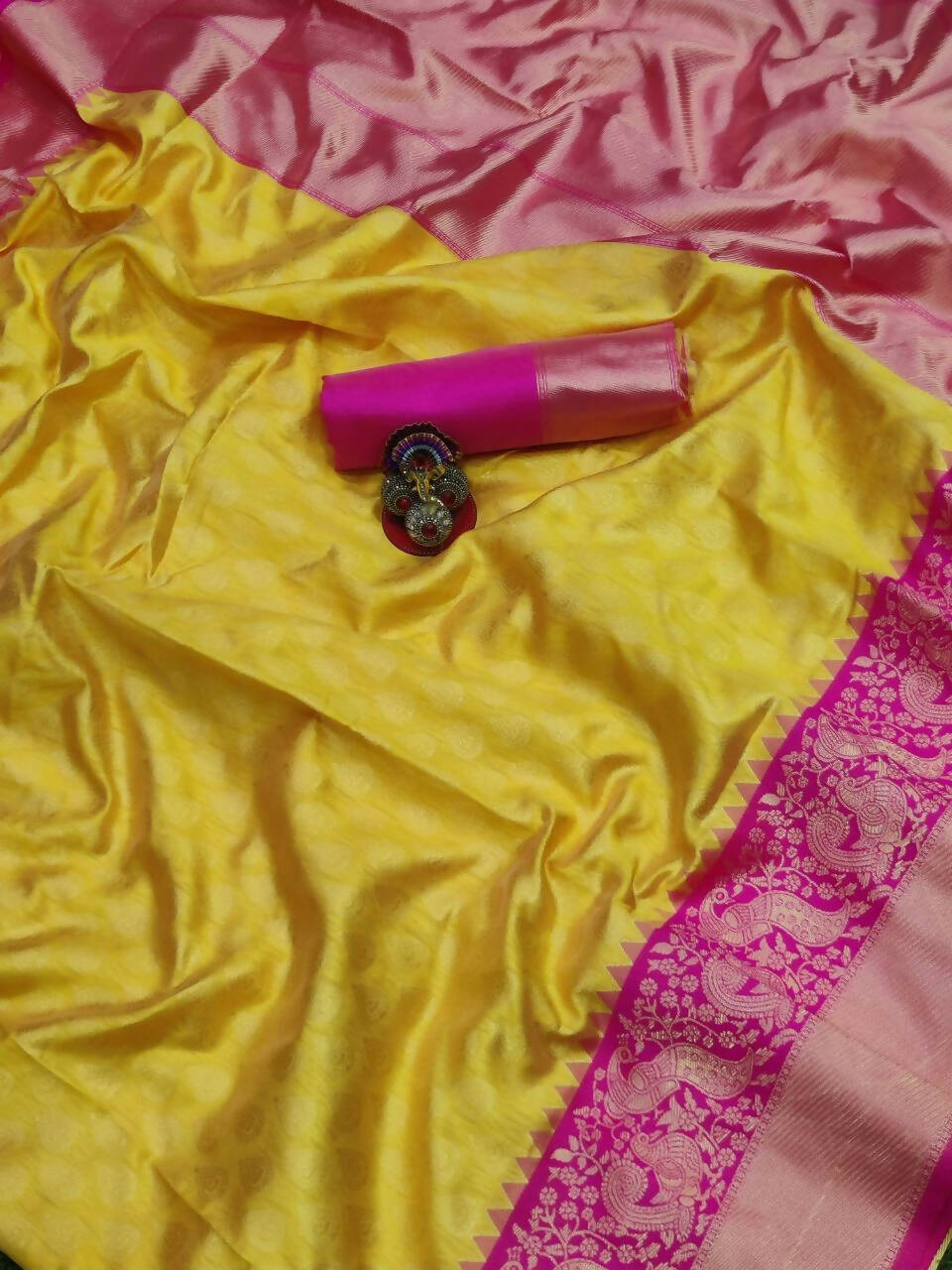 DEIANA'S Beautiful Designer Golden zari Soft Lichi Silk Saree - Yellow | Grocsy