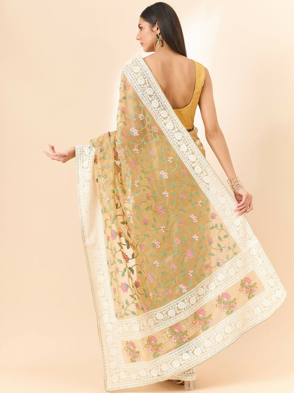 Beige Organza Floral Embroidered Saree with Unstitched Blouse Piece - Roozal | Grocsy