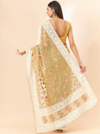 Beige Organza Floral Embroidered Saree with Unstitched Blouse Piece - Roozal | Grocsy