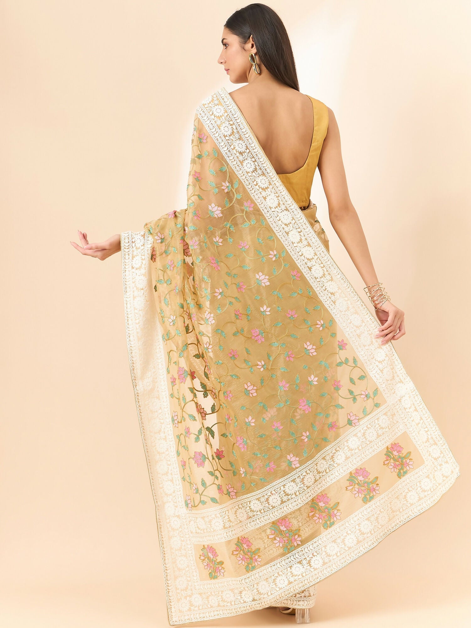Beige Organza Floral Embroidered Saree with Unstitched Blouse Piece - Roozal | Grocsy