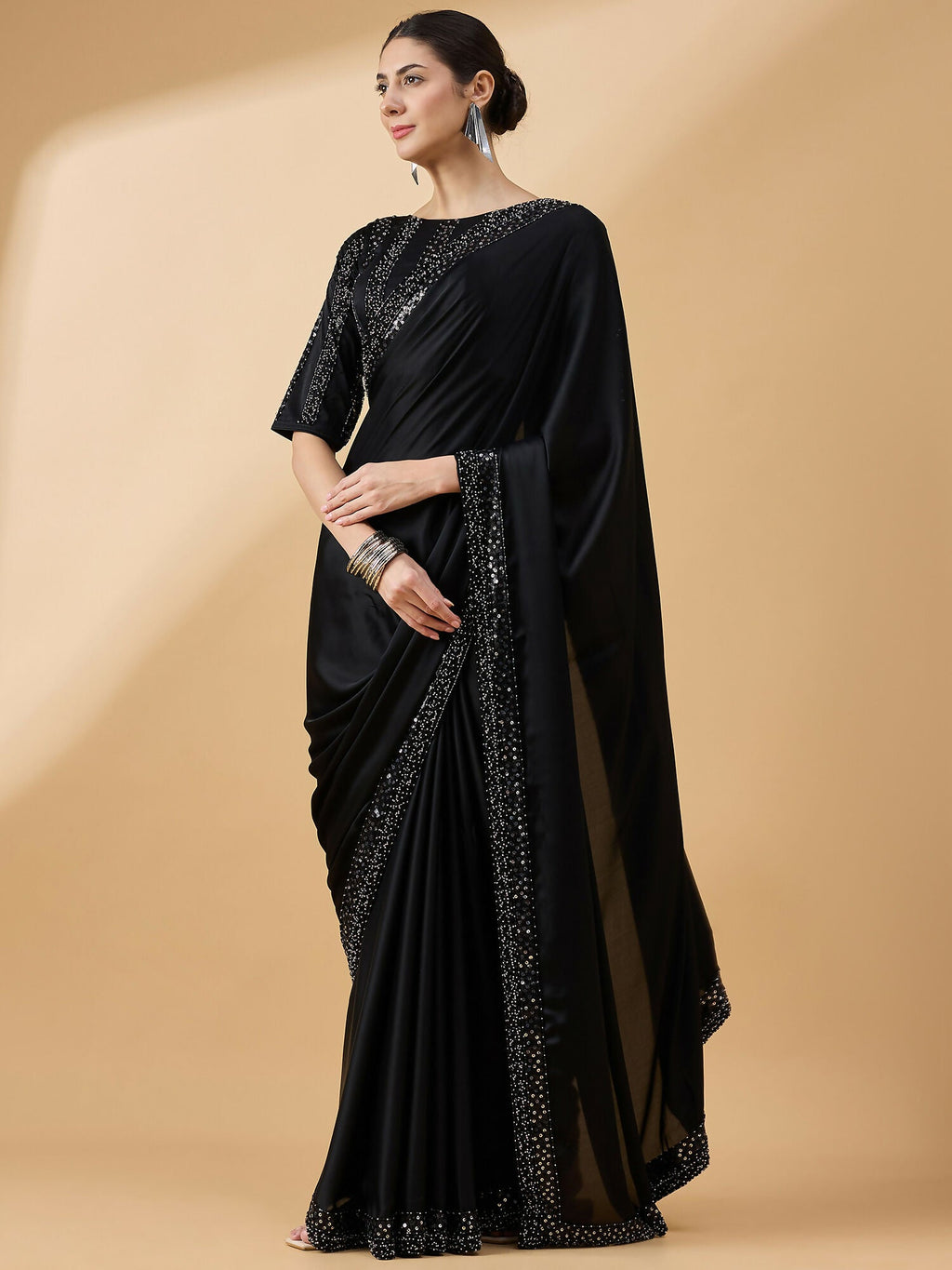 Black Satin Solid Sequence Work Saree with Stitched Blouse - Dharavi | Grocsy