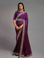 PR Fashion Wine Chinon Embroidery Lace Saree | Grocsy