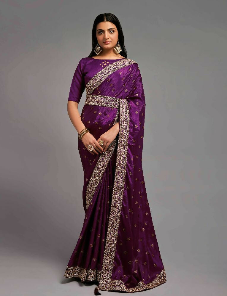 PR Fashion Wine Chinon Embroidery Lace Saree | Grocsy