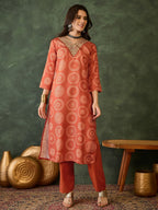 The52 Women's Gorgeous Rayon Embroidery Straight Kurta with Pant And Dupatta Set-Orange | Grocsy