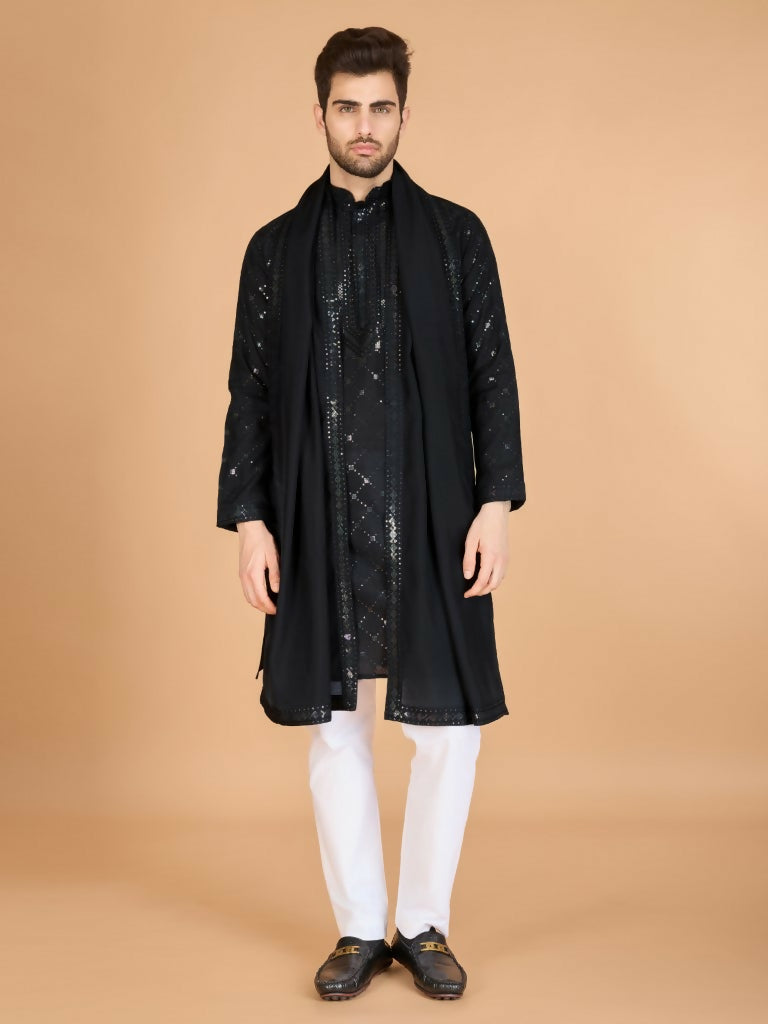 Vastranavya Black Exclusive Festival Wear Viscose Silk Thread & Sequence Embroidered Work Kurta with Dupatta | Grocsy