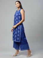 Ahalyaa Womens Indigo Blue Pure Cotton Printed Kurta Palazzo Set | Grocsy