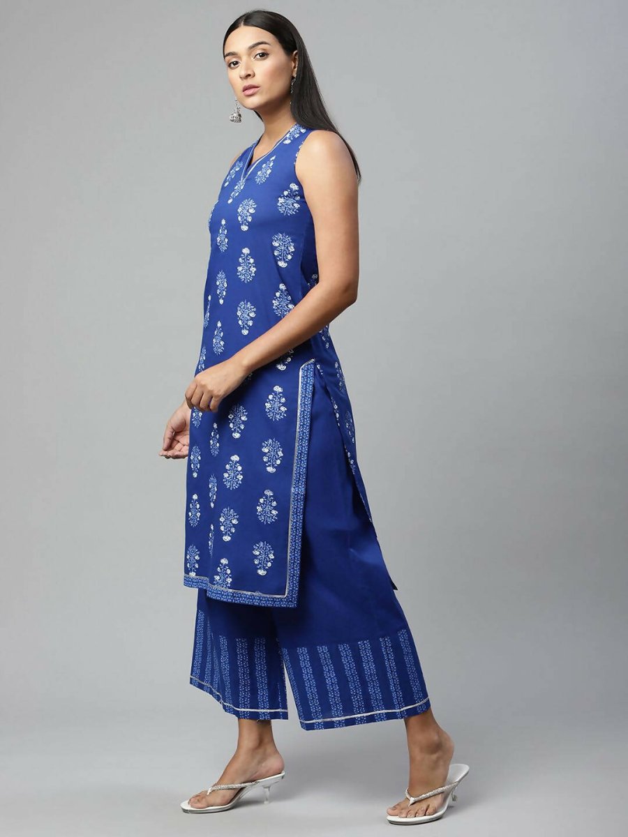 Ahalyaa Womens Indigo Blue Pure Cotton Printed Kurta Palazzo Set | Grocsy