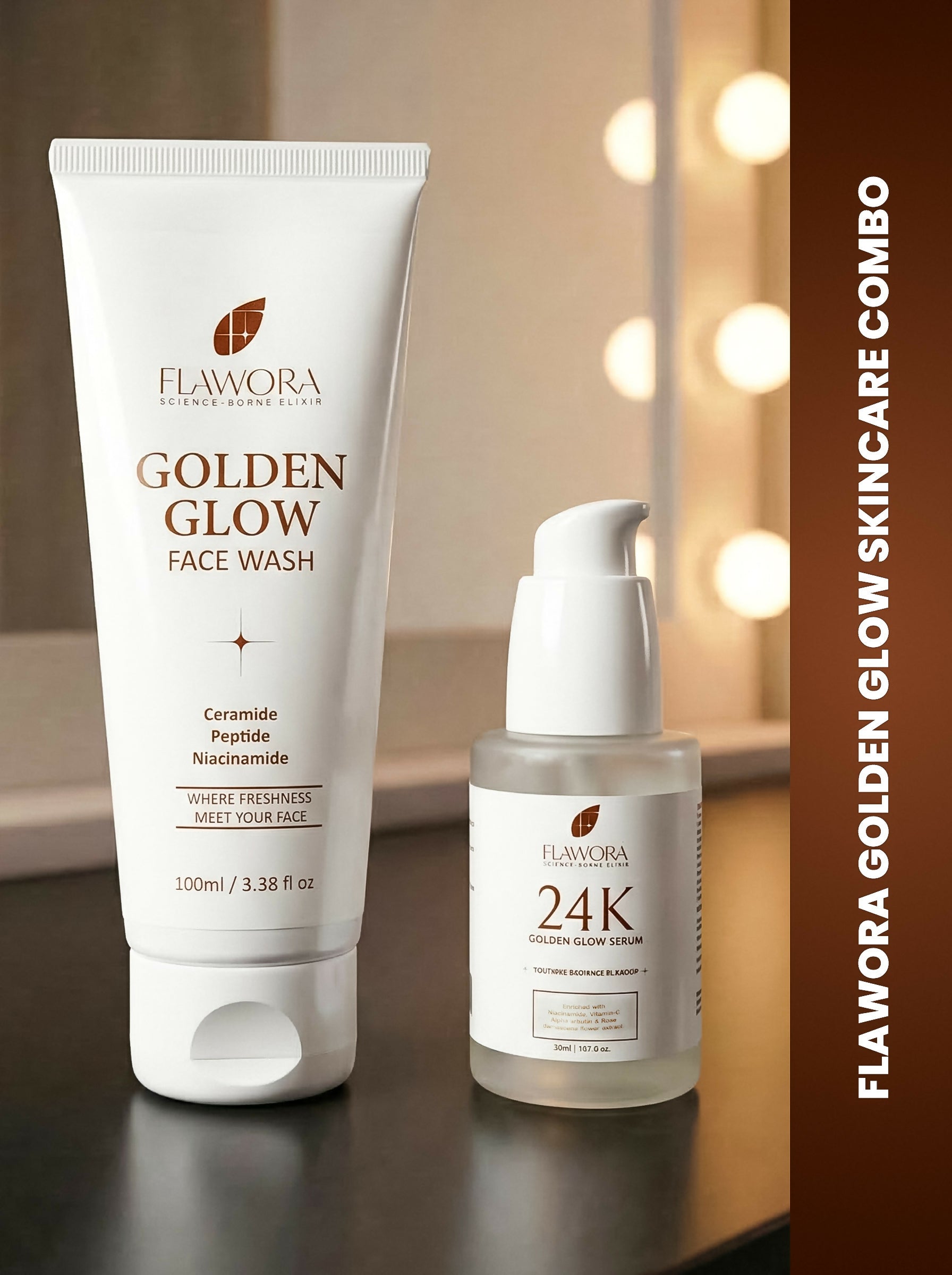 Flawora Set of Golden Glow Face Wash and 24k Golden Glow Face Serum | Grocsy