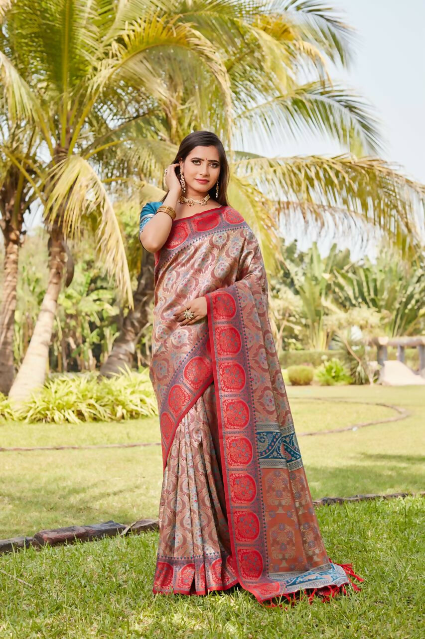 Vastranavya Boutique Collection Kanjivaram Soft Silk Saree With Unstitched Blouse - Light Orange | Grocsy