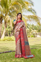 Vastranavya Boutique Collection Kanjivaram Soft Silk Saree With Unstitched Blouse - Light Orange | Grocsy