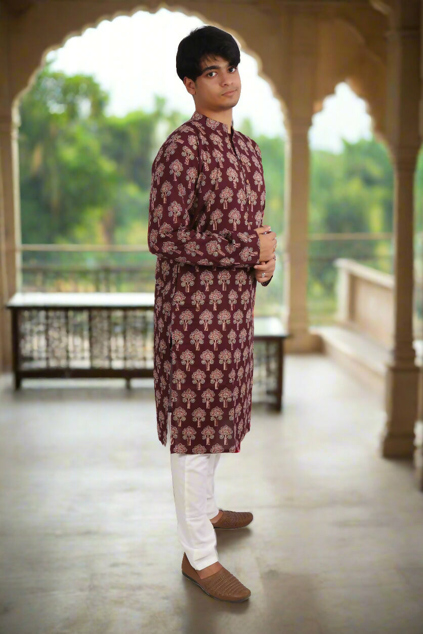 Souchii Men Burgundy Pure Cotton Ethnic Motif Printed Straight Kurta | Grocsy