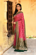 Joban Fashion Pink Crepe Chiffon Pure Handloom Banarasi Silk Saree | Grocsy