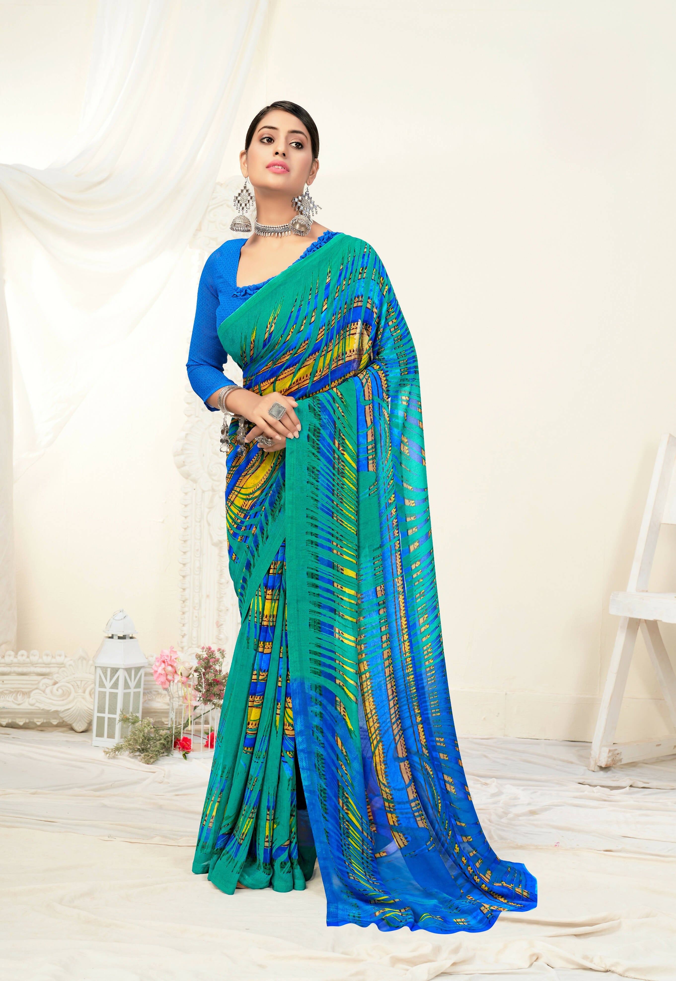 Green Georgette Texture Printed Saree With Unstitched Blouse Piece - Jyoti | Grocsy
