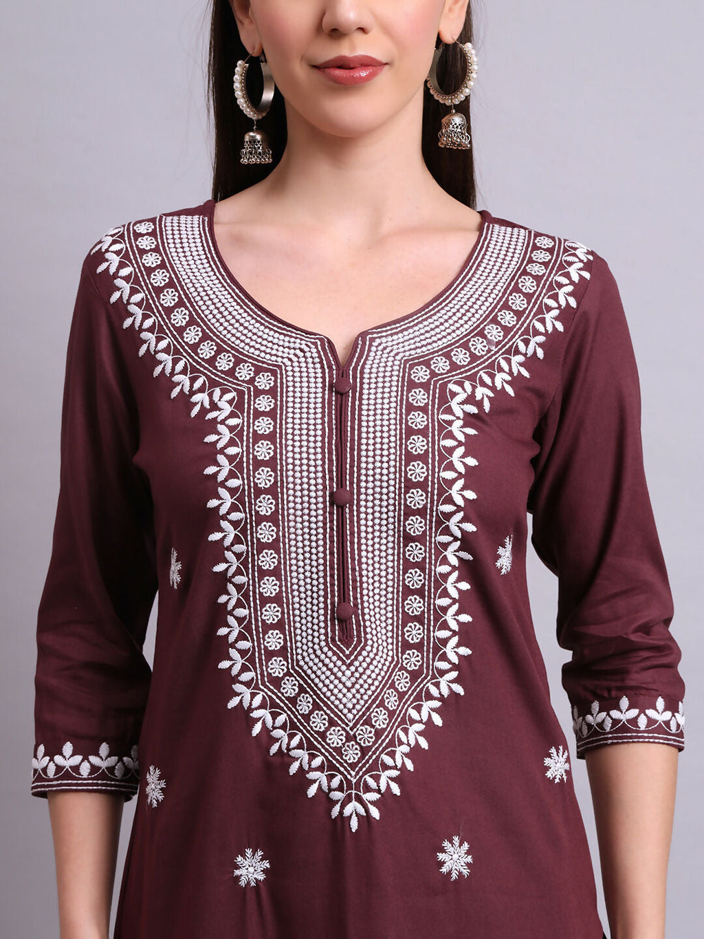 Joban Fashion Brown Cotton & Embroidery Work Kurta With Trousers & Dupatta Set | Grocsy