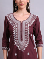 Joban Fashion Brown Cotton & Embroidery Work Kurta With Trousers & Dupatta Set | Grocsy