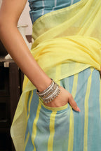 Joban Fashion Bright Yellow Striped & Geomatric Linen Ready To Wear Saree With Unstitched Blouse | Grocsy