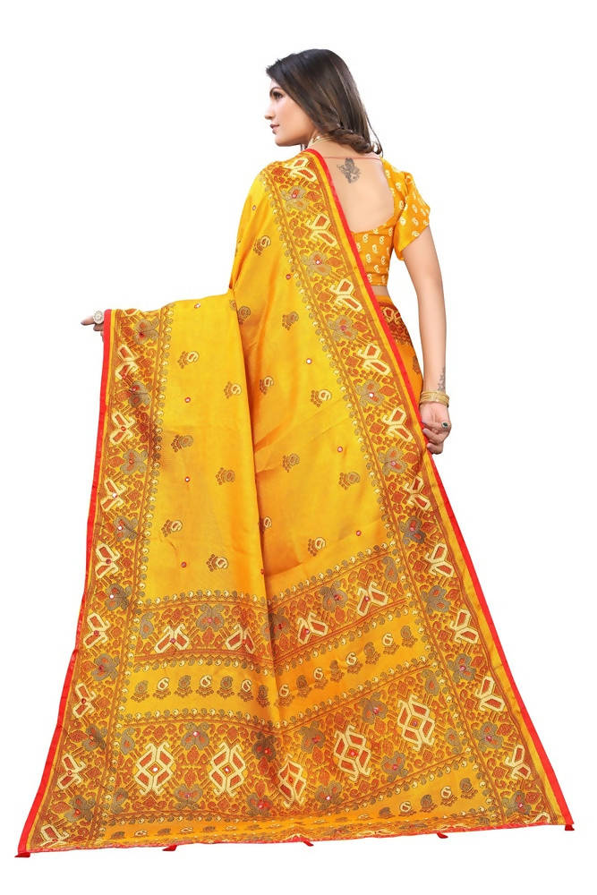 Vamika Yellow Jute Silk Mirror Work Saree | Grocsy