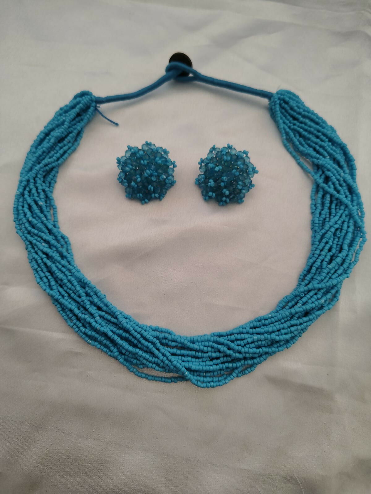 Inhanns Vibrant Handmade 20 Layers Beaded Necklace With Matching Earrings - Sky Blue | Grocsy