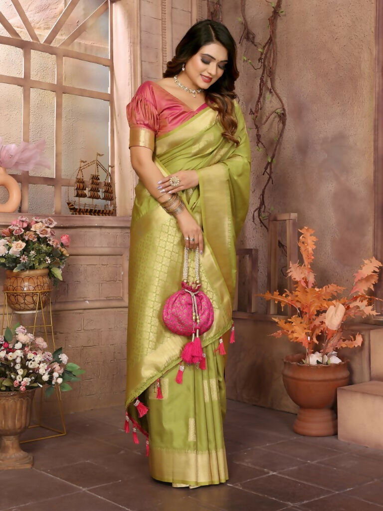 Anaita Light Green Soft Silk With Zari Weaving Borders Saree With Blouse | Grocsy