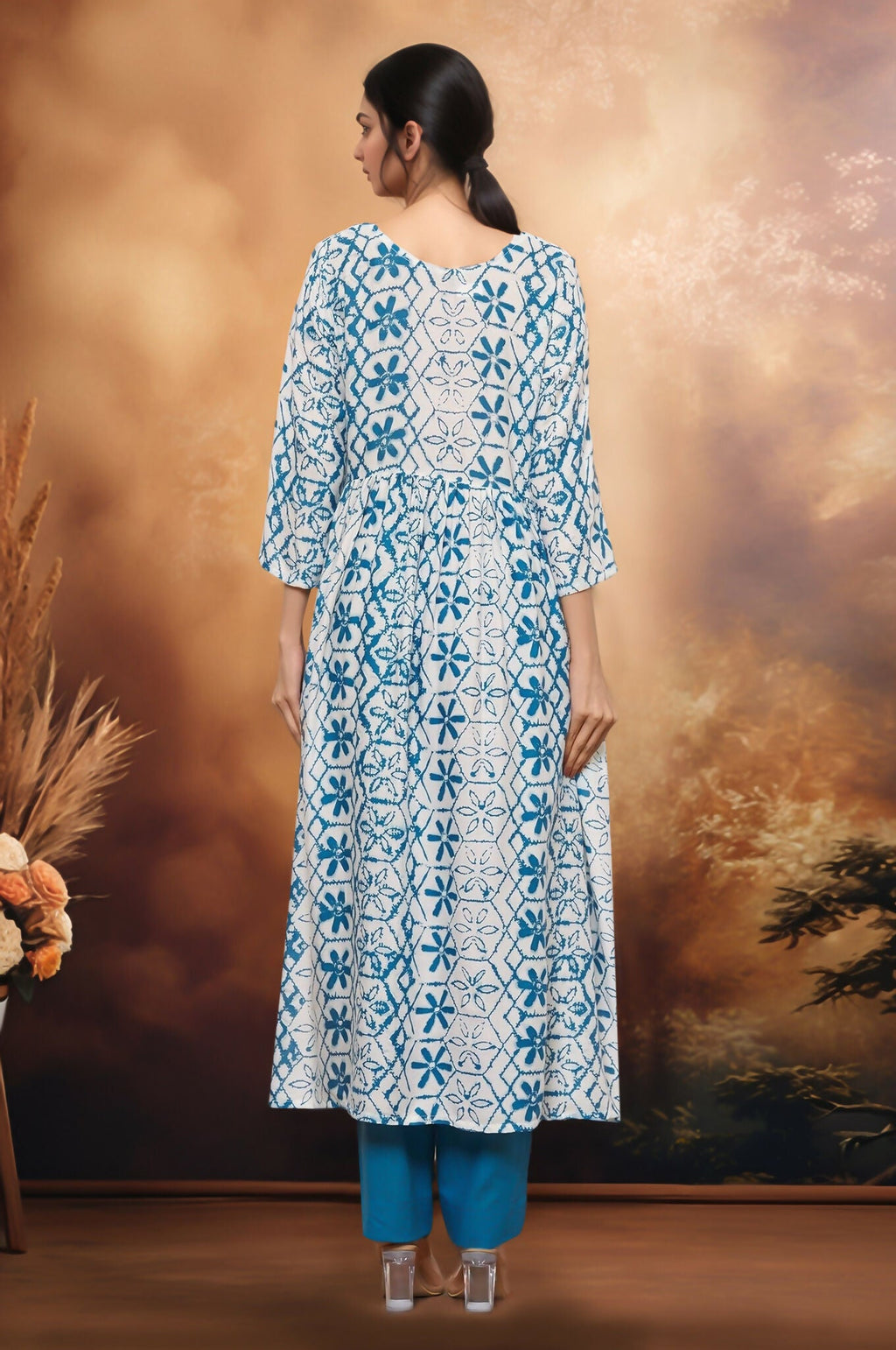 Joban Fashion White Based Blue Geometric Floral Printed Riyon Kurti With Contrast Palazzo Pant | Grocsy