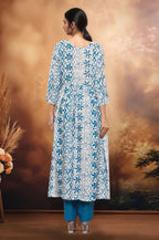 Joban Fashion White Based Blue Geometric Floral Printed Riyon Kurti With Contrast Palazzo Pant | Grocsy
