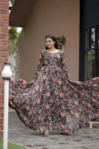 Aayaa Designer Printed Georgette Full Flare Gown With Dupatta - Multi Color | Grocsy