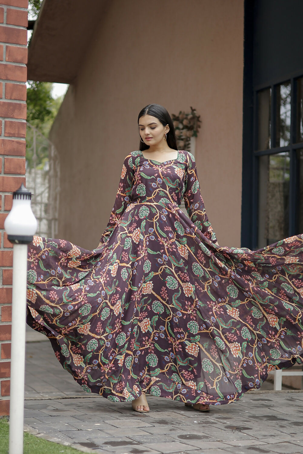 Aayaa Designer Printed Georgette Full Flare Gown With Dupatta - Multi Color | Grocsy