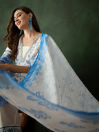 Blue & White Roman Silk Embroidered Kurta With Trouser & Dupatta - Bhumi | Grocsy
