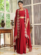 Janasya Maroon Georgette Solid Top Bottom Cape | Grocsy